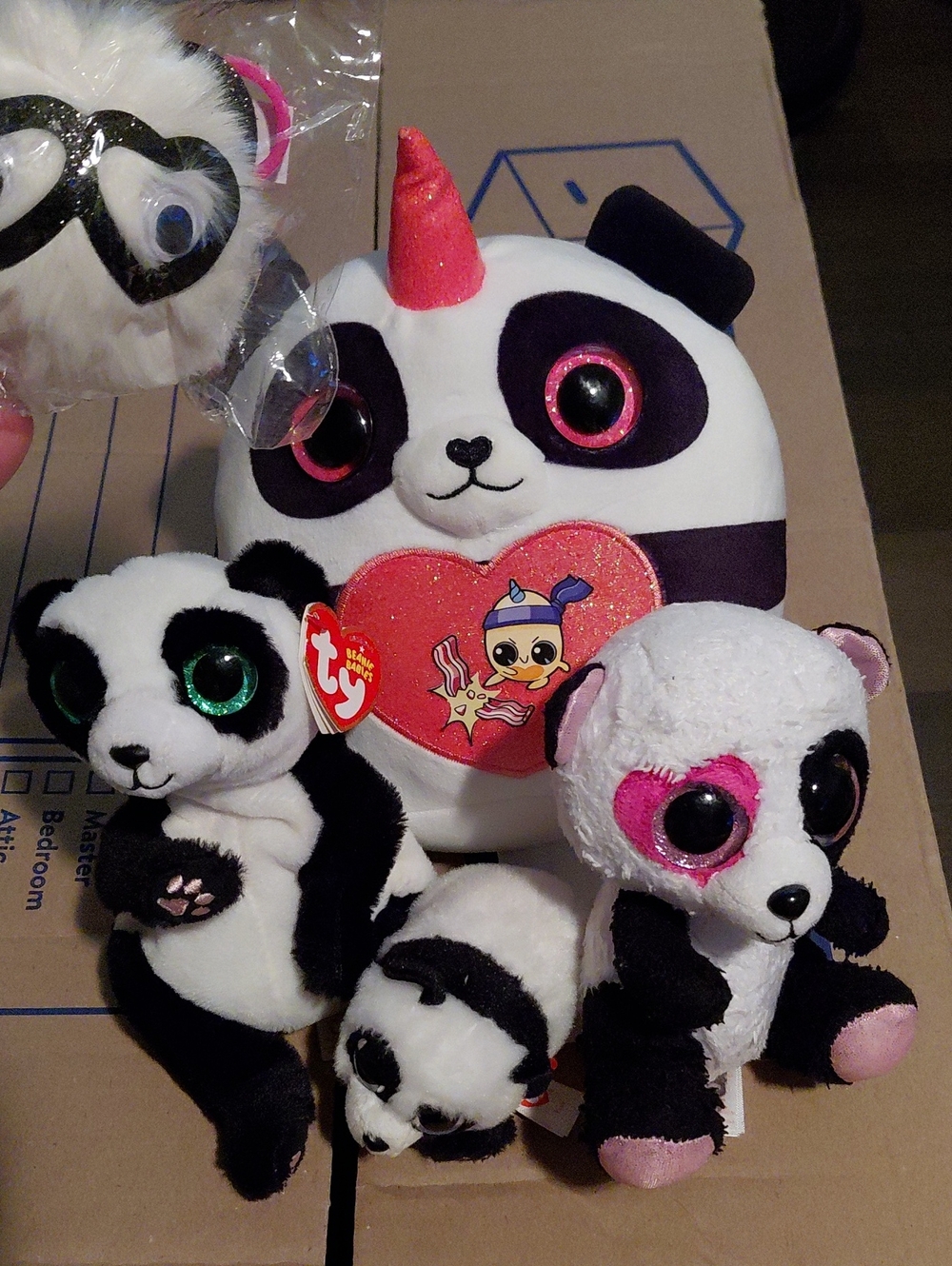 Ty Plush Panda Unicorn with Pink Heart & Black-White Pandas